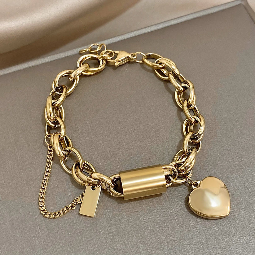 Pulsera Gruesa de Corazón | Oro Blanco
