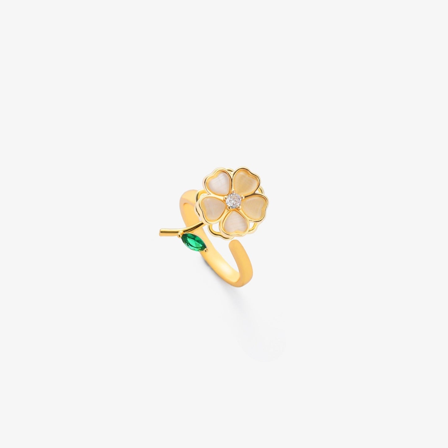 Anillo Giratorio de Flor y Hoja de Esmeralda | Oro