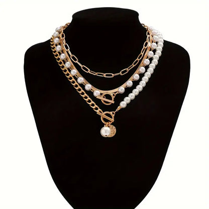 Set de Collar de Cadena Serpiente con Perla Estilo Vintage | Oro