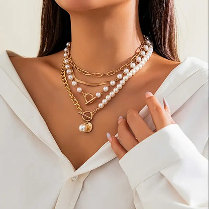 Set de Collar de Cadena Serpiente con Perla Estilo Vintage | Oro