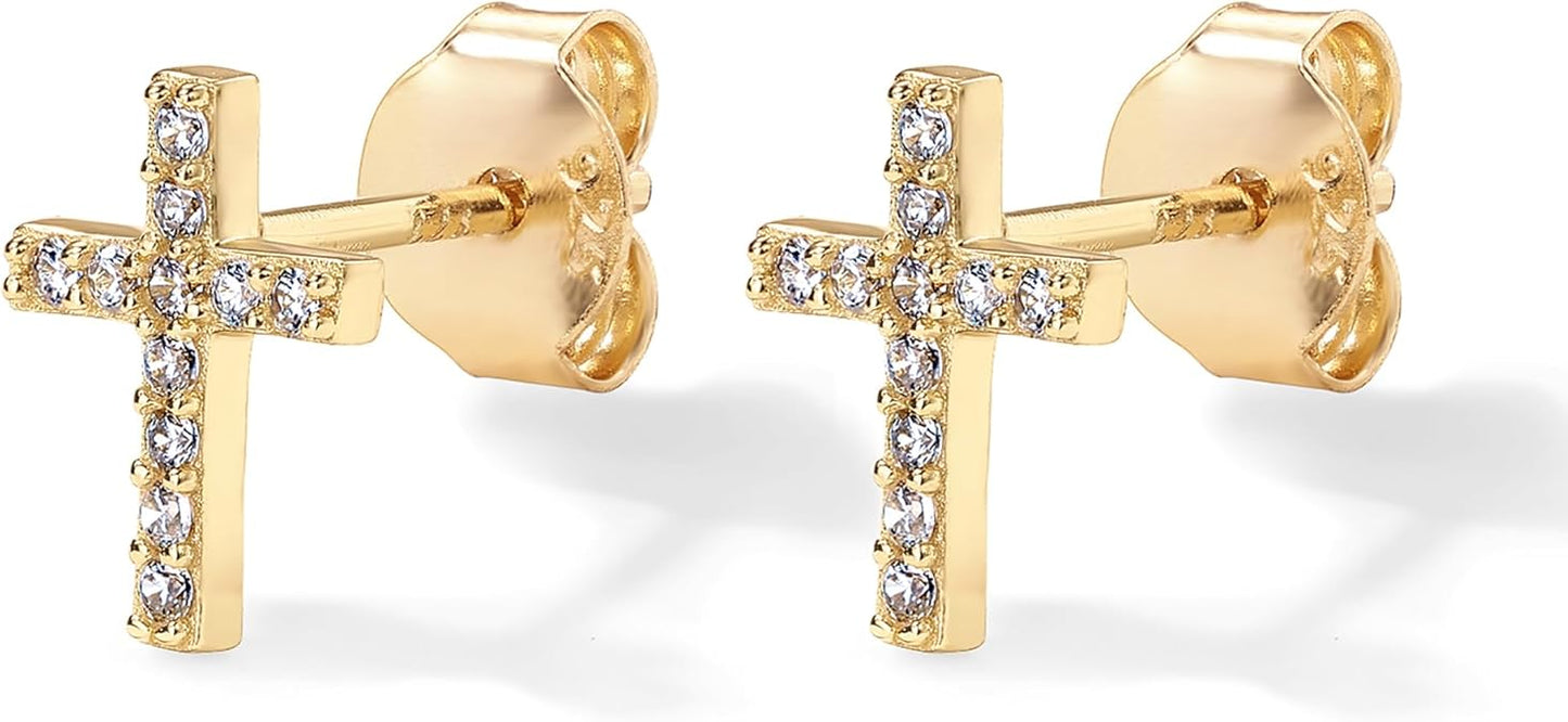 Aretes de Botón de Cruz con Pavé | Oro