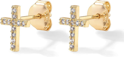 Aretes de Botón de Cruz con Pavé | Oro
