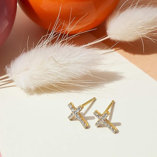Aretes de Botón de Cruz con Pavé | Oro