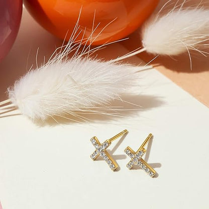 Aretes de Botón de Cruz con Pavé | Oro