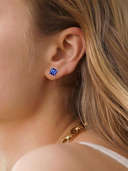 Aretes de Botón de Zafiro Corte Princesa Minimalistas | Oro Blanco