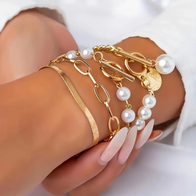 Set de Pulseras Chic de 4 Piezas - Serpiente, Perlas y Eslabones | Oro