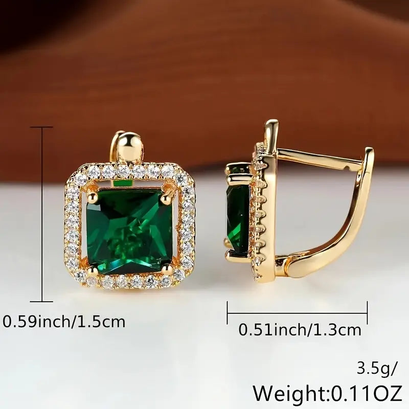 Aretes de Zirconia Cuadrada Verde Dorado | Oro