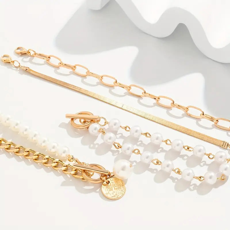 Set de Pulseras Chic de 4 Piezas - Serpiente, Perlas y Eslabones | Oro