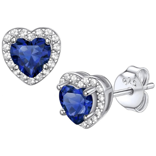 Aretes de Botón Corazón de Zafiro | Oro Blanco