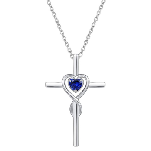 Collar de Cruz con Piedra de Corazón de Zafiro | Oro Blanco