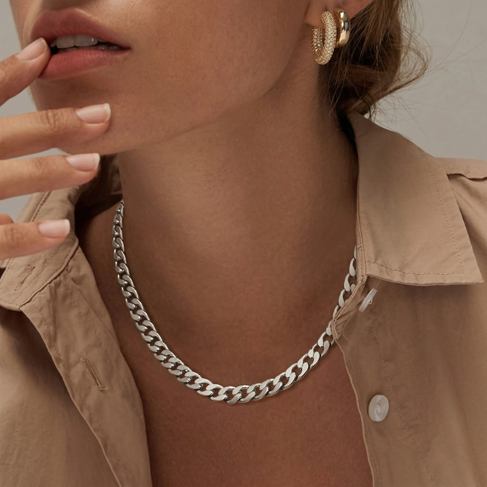 Collar de Eslabón Cubano Grueso | Oro Blanco