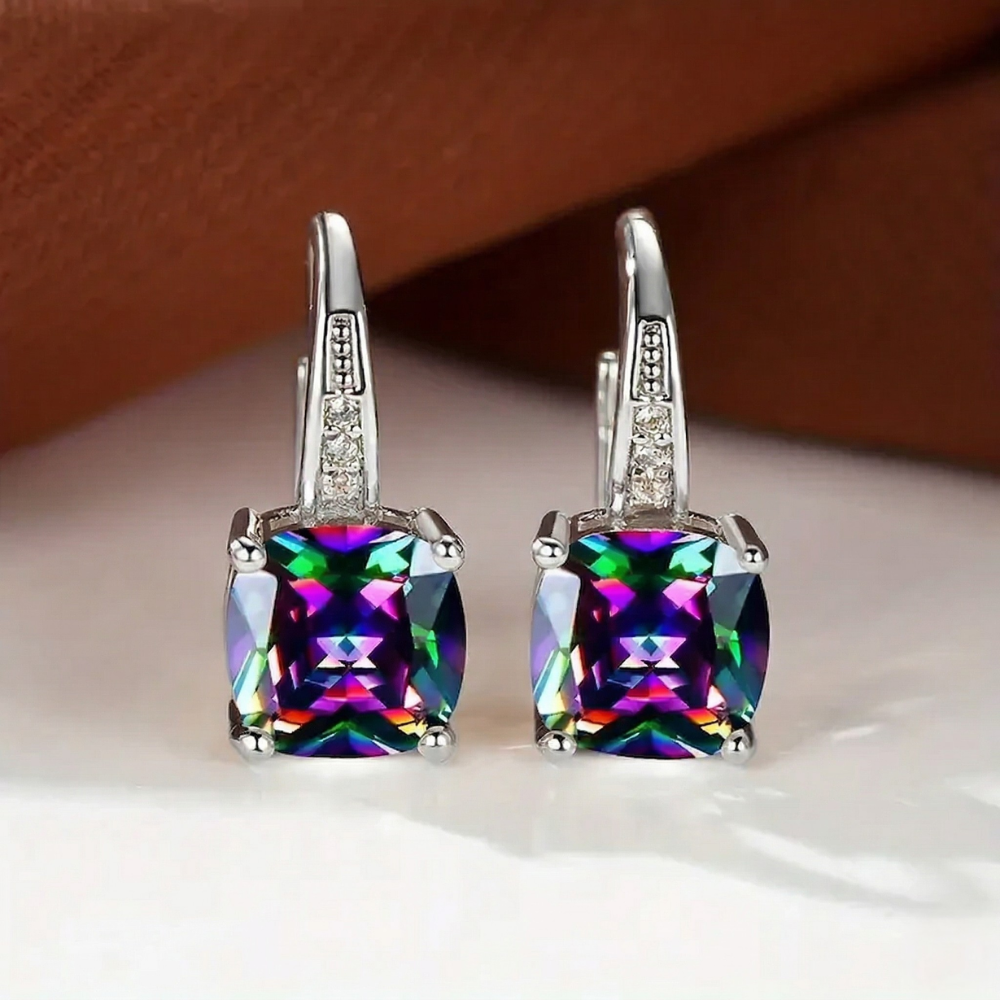 Aretes de Argolla con Piedra Mística | Oro Blanco