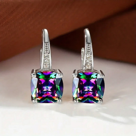 Aretes de Argolla con Piedra Mística | Oro Blanco