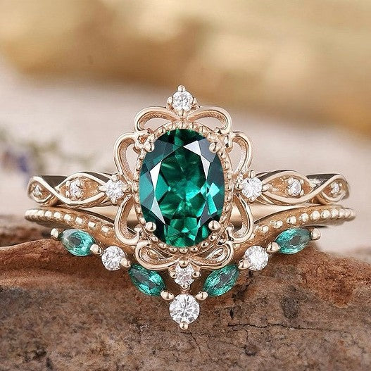 Aurelle Set de Anillos Corona de Esmeralda | Oro Rosa