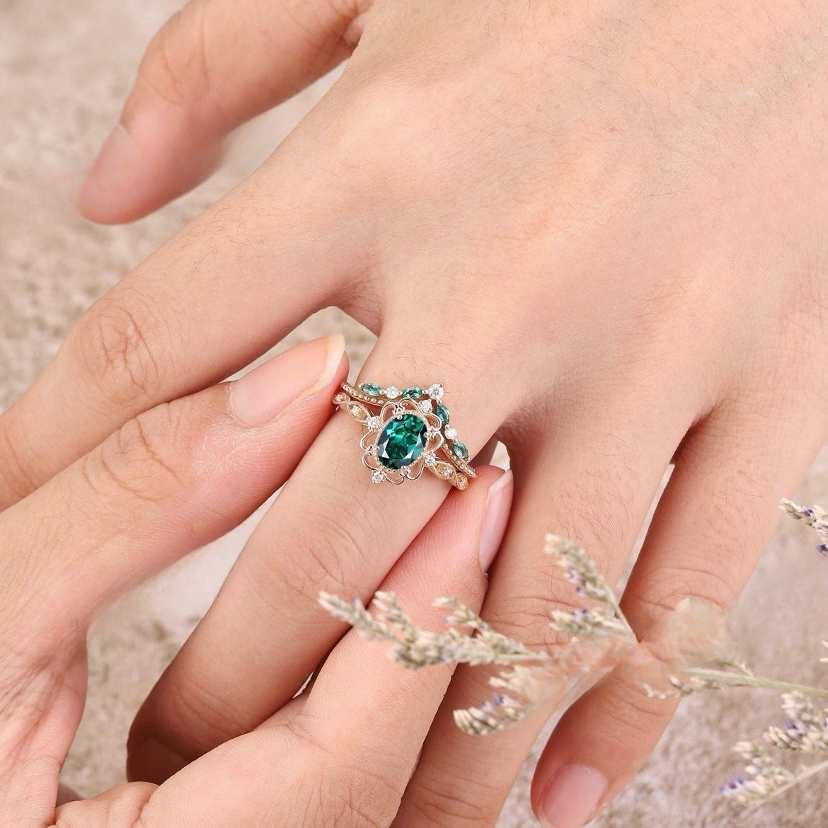 Aurelle Set de Anillos Corona de Esmeralda | Oro Rosa