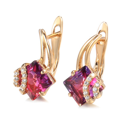 Aretes Cuadrados de Cristal Carmesí | Oro Rosa