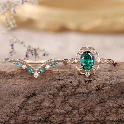 Aurelle Set de Anillos Corona de Esmeralda | Oro Rosa