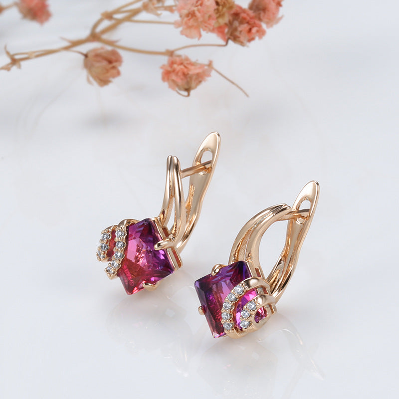 Aretes Cuadrados de Cristal Carmesí | Oro Rosa