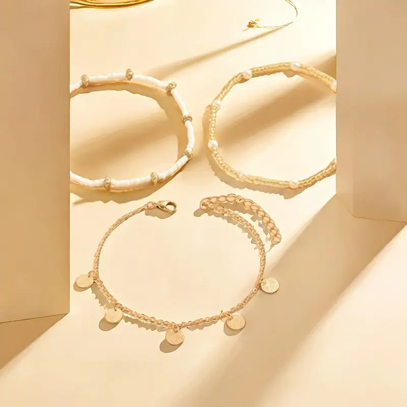 Set de Tobilleras en Capas de 3 Piezas Coastal Charm | Oro