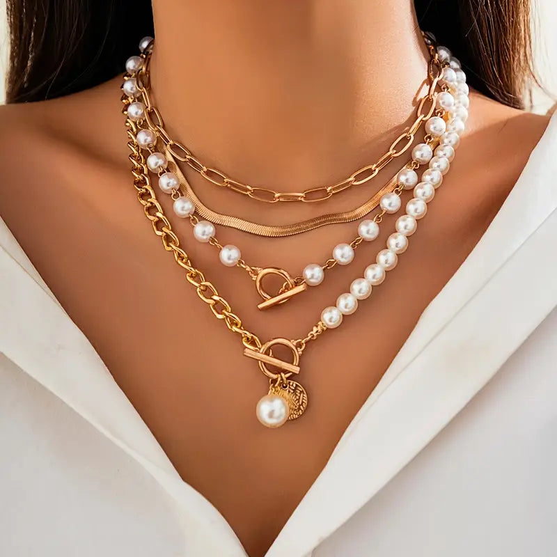 Set de Collar de Cadena Serpiente con Perla Estilo Vintage | Oro