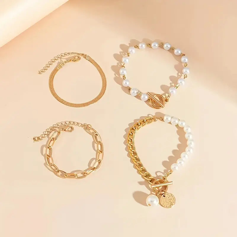 Set de Pulseras Chic de 4 Piezas - Serpiente, Perlas y Eslabones | Oro