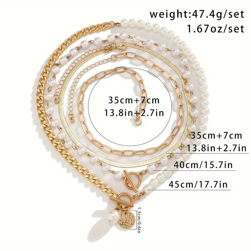 Set de Collar de Cadena Serpiente con Perla Estilo Vintage | Oro
