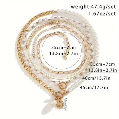 Set de Collar de Cadena Serpiente con Perla Estilo Vintage | Oro