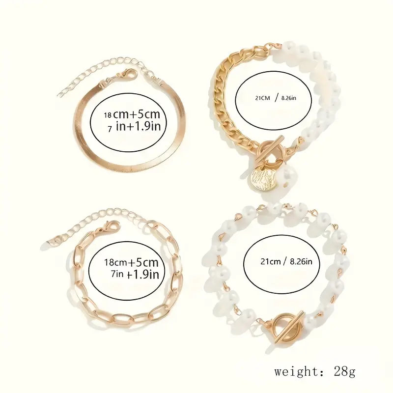 Set de Pulseras Chic de 4 Piezas - Serpiente, Perlas y Eslabones | Oro