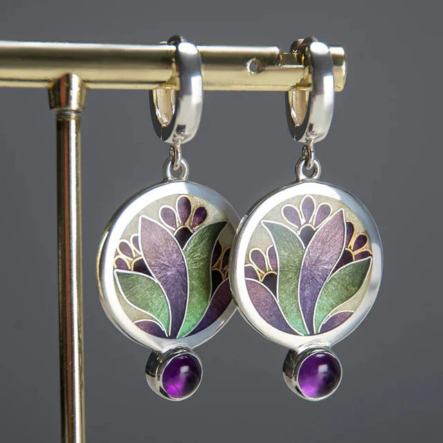 Aretes Boho con Cristales Morados Estilo Vintage | Oro Blanco