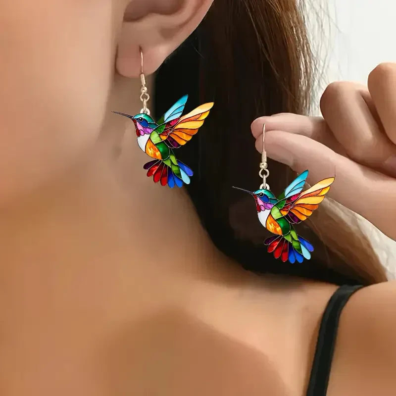 Aretes de Colibrí Coloridos | Oro Blanco
