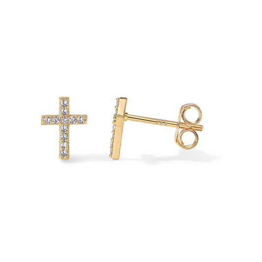 Aretes de Botón de Cruz con Pavé | Oro